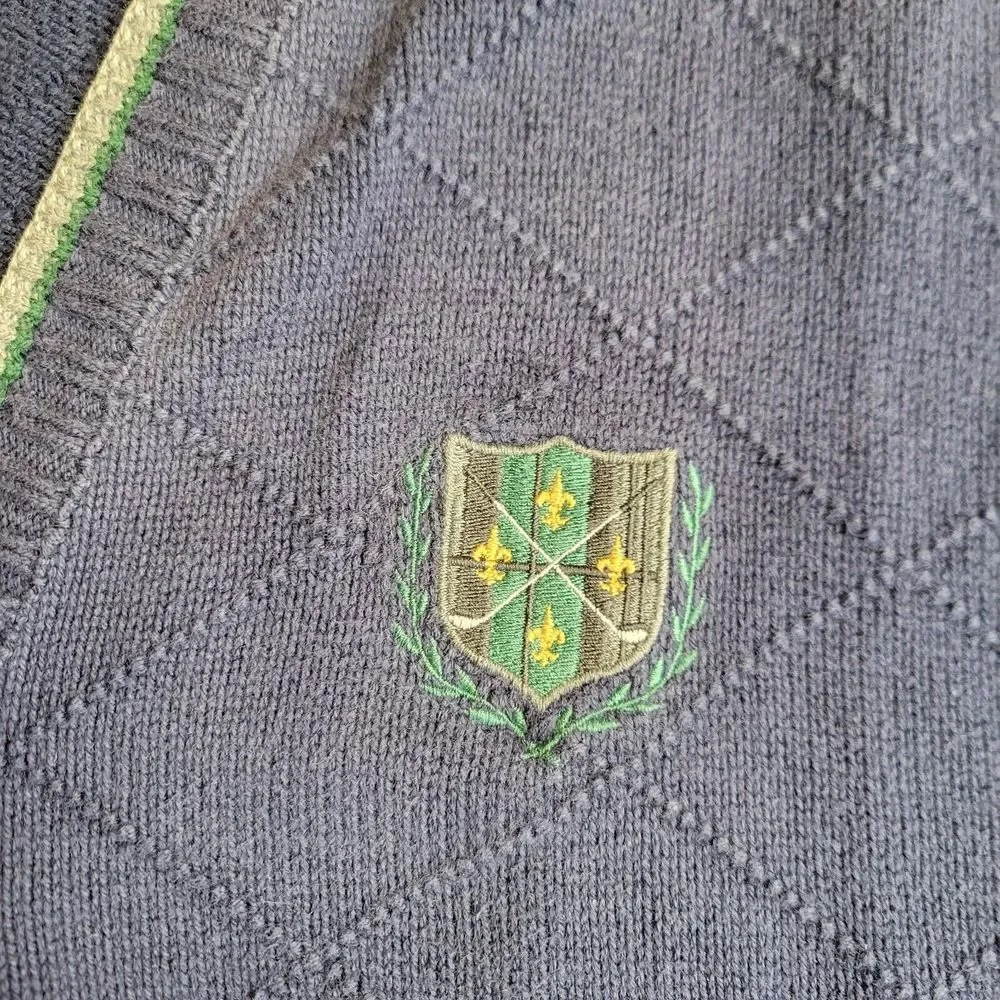 Vintage Isle Of Cotton Golf Sweater Mens Large Blue V Neck Button Textured Crest